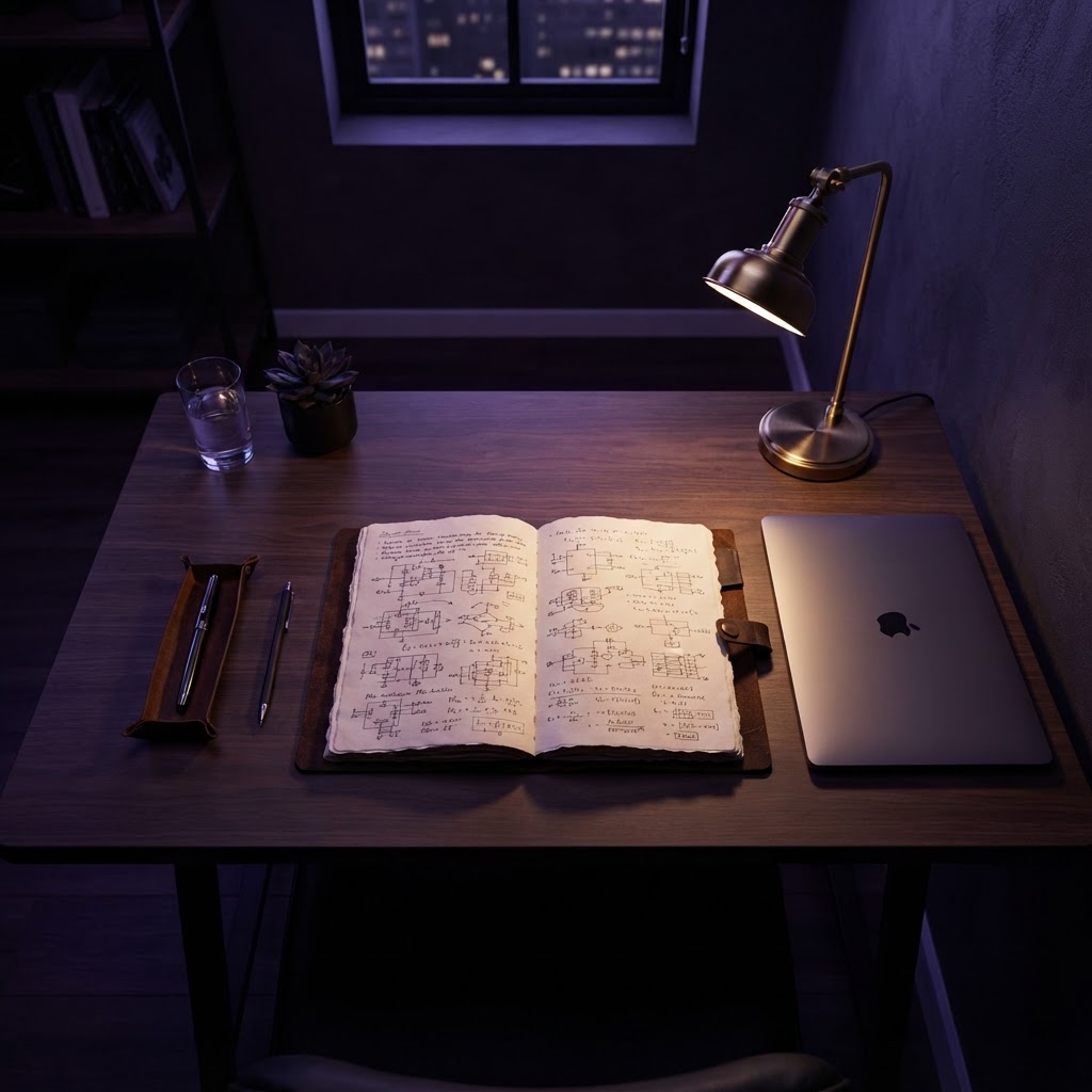 Open engineering notebook on a dark desk