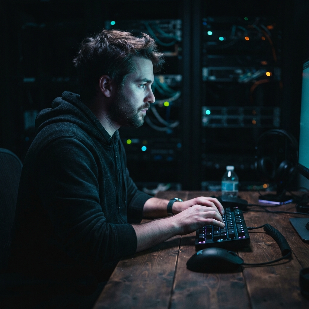 Developer working in a dimly lit office with server racks