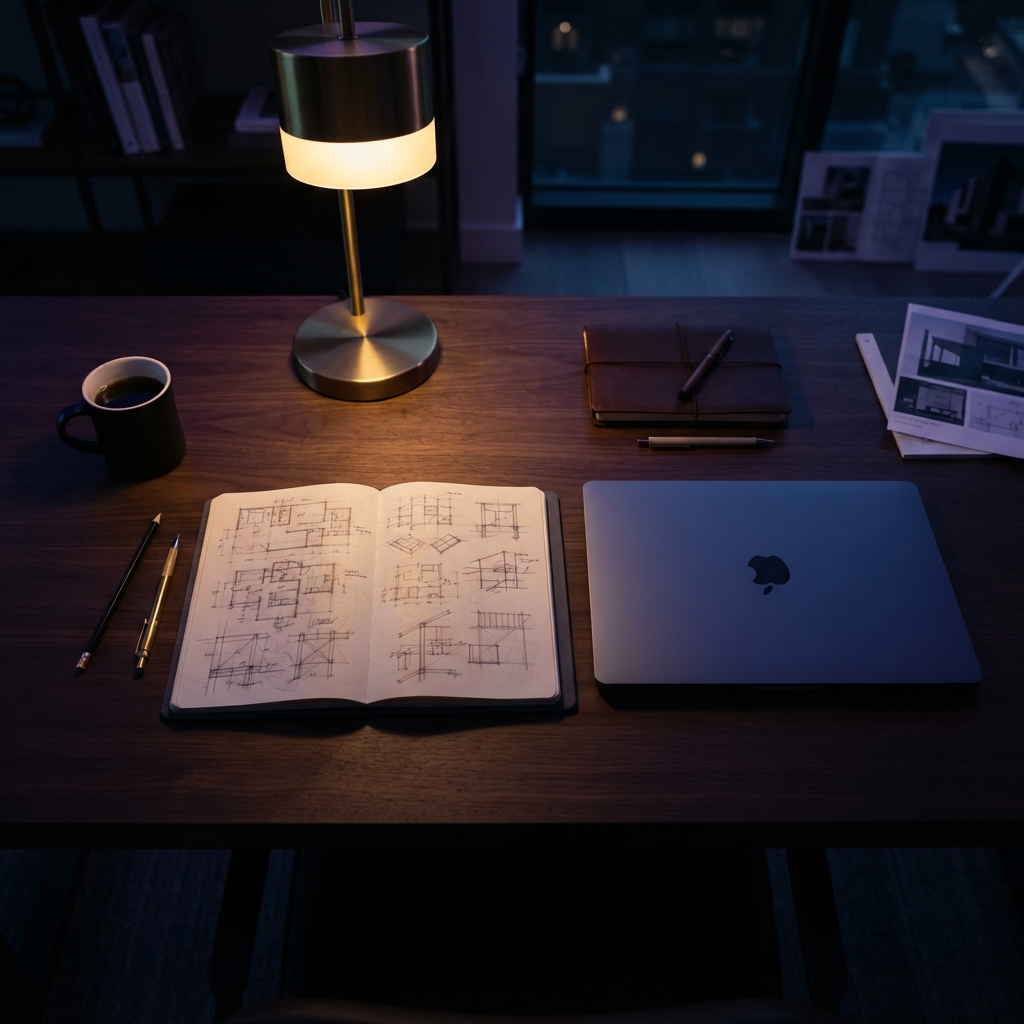 Open notebook and closed laptop on a clean desk at night