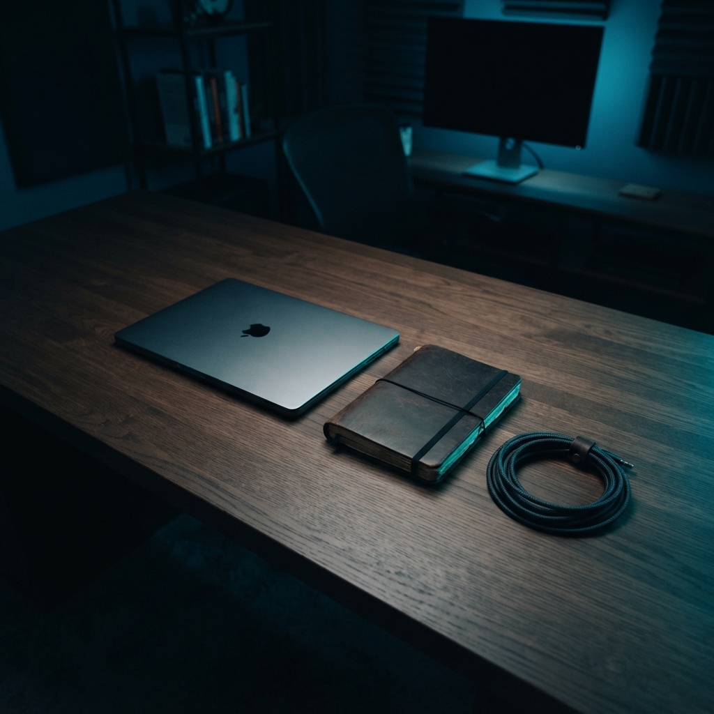 Minimalist desk setup with engineering journal and closed laptop