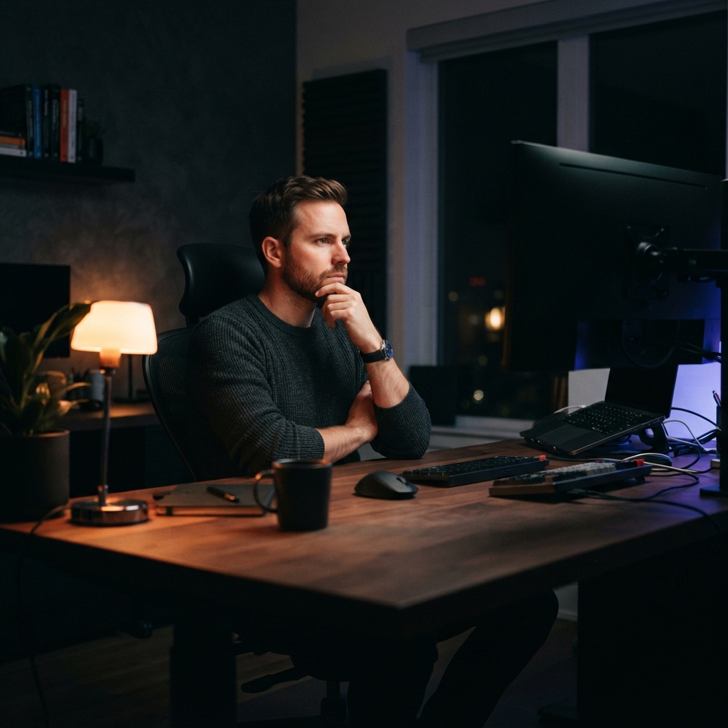 Focused developer in a dimly lit workspace
