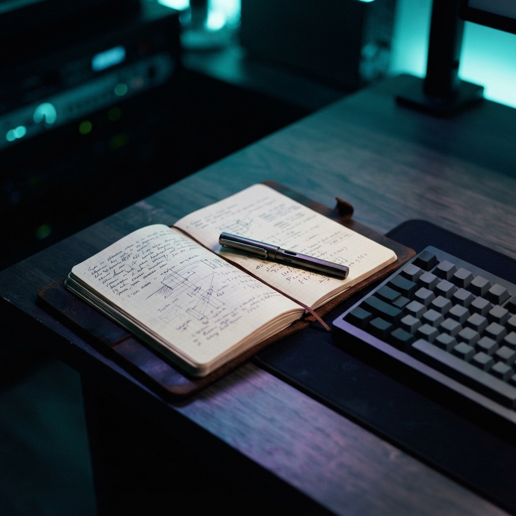 Open notebook on a desk with cinematic lighting
