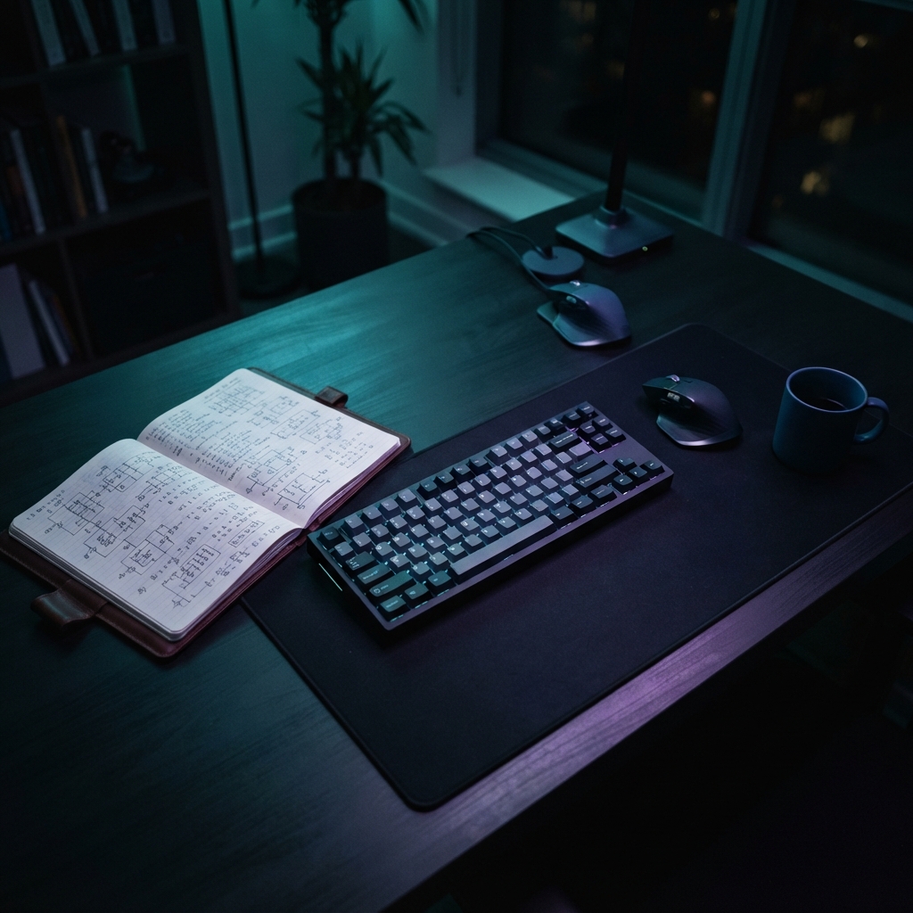 Clean desk setup with notebook and keyboard