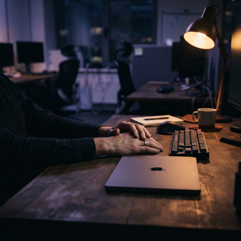 Developer reflecting in a dimly lit workspace