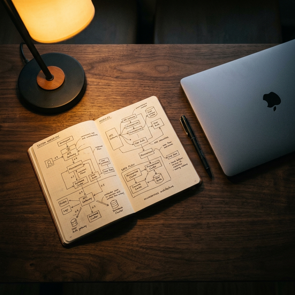 Developer workspace with architecture sketches and terminal