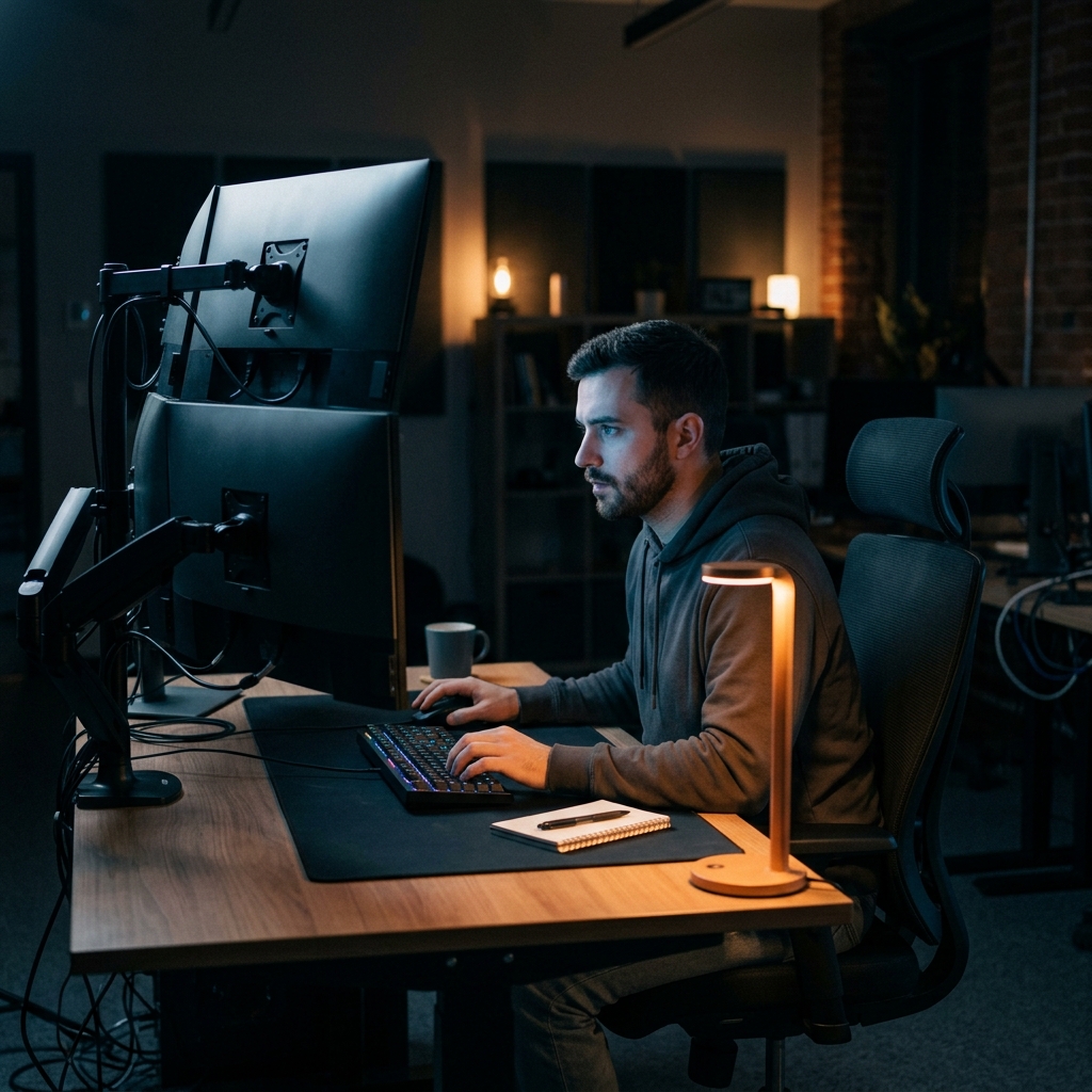 Senior developer focused on multi-monitor coding session