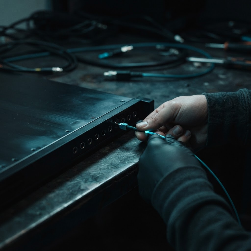 Close up of fiber optic cable insertion into server hardware