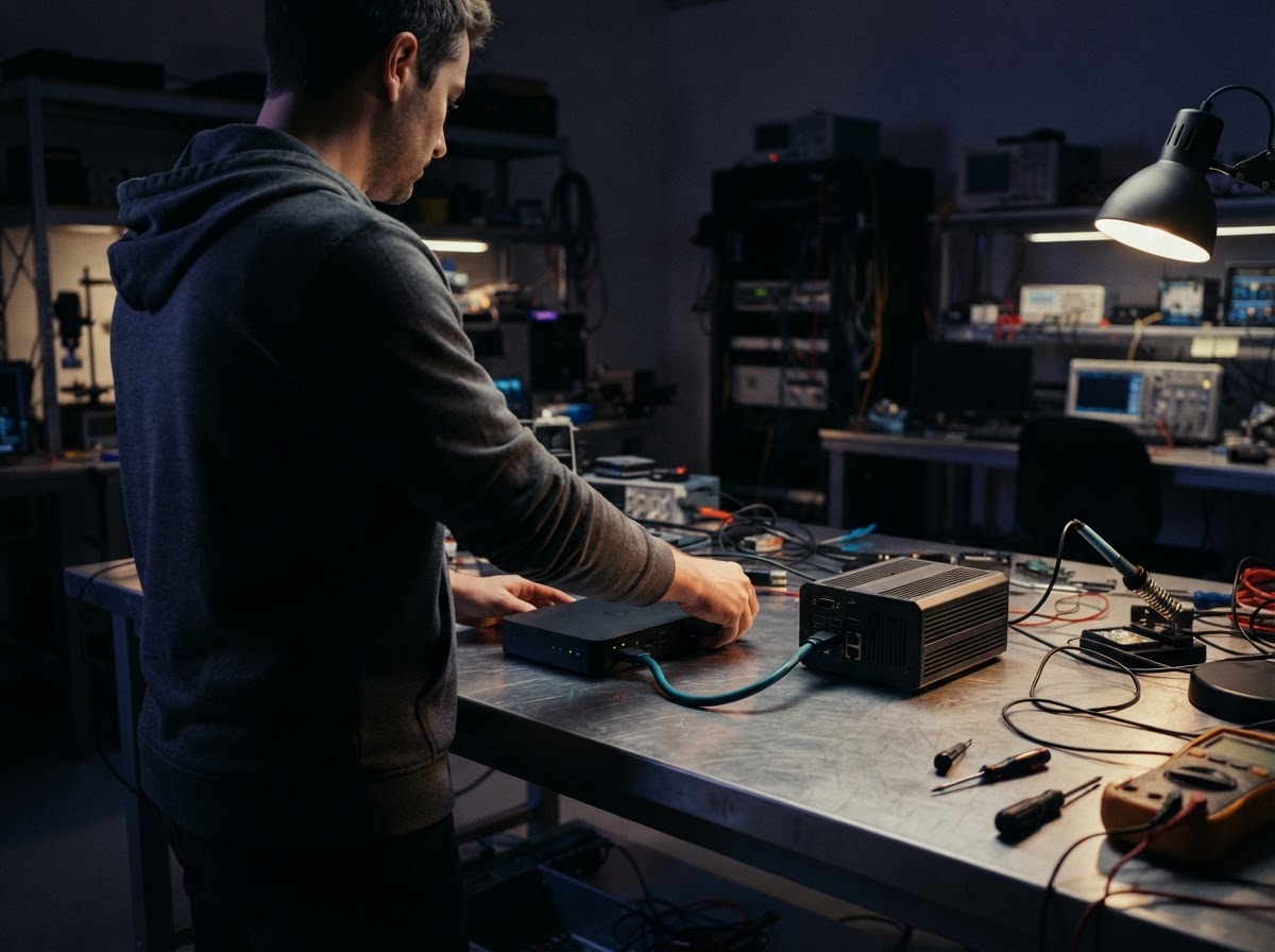 Developer connecting two distinct hardware modules on a workbench