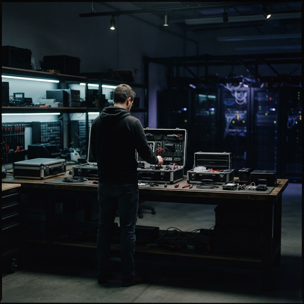 Developer organizing modular hardware cases in a dim studio