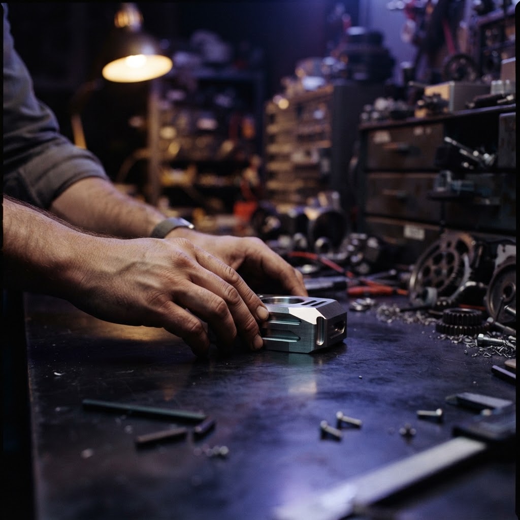 Hands placing a metal hardware component on a workbench