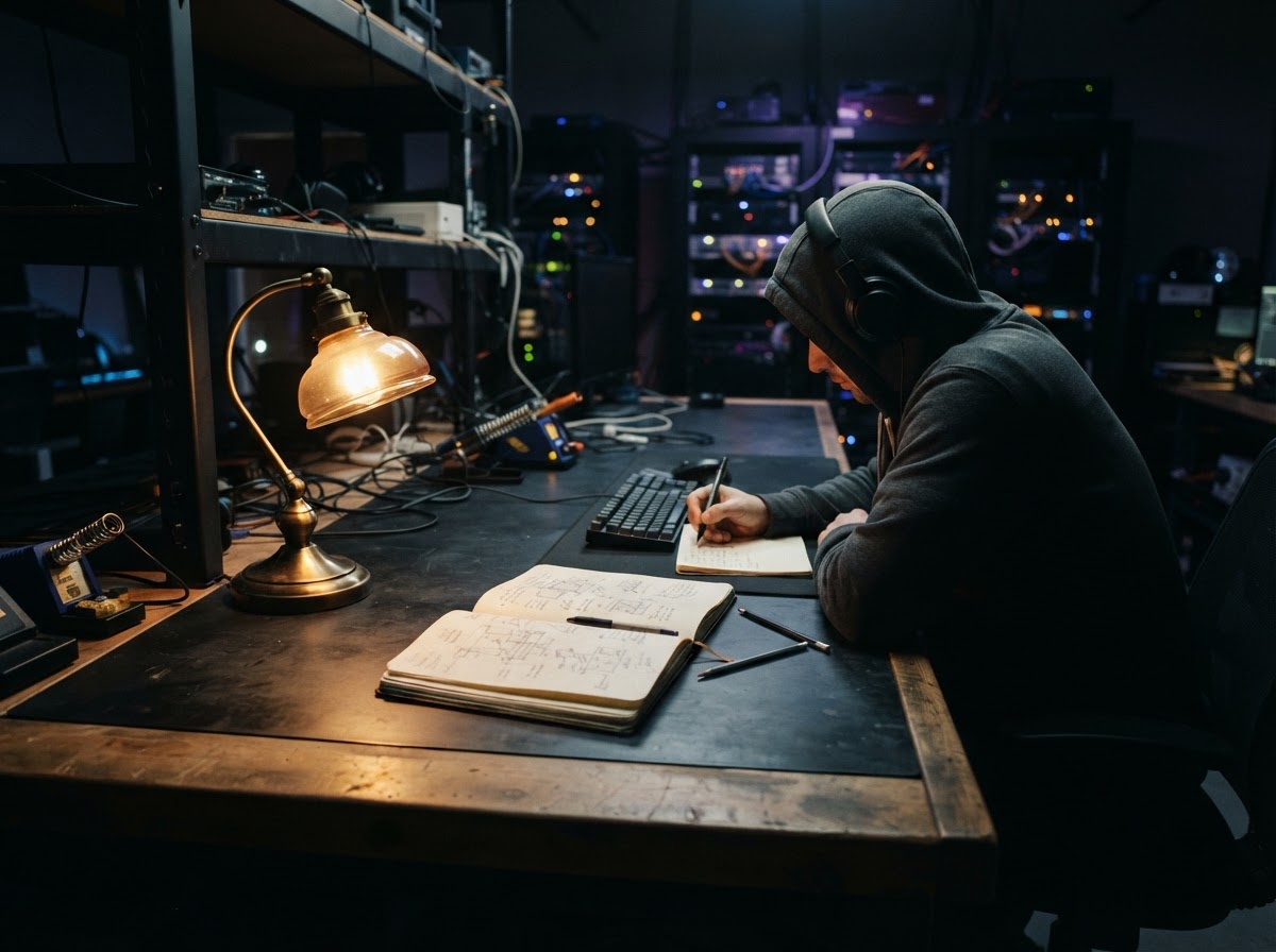 Developer sitting at a workbench with a notebook