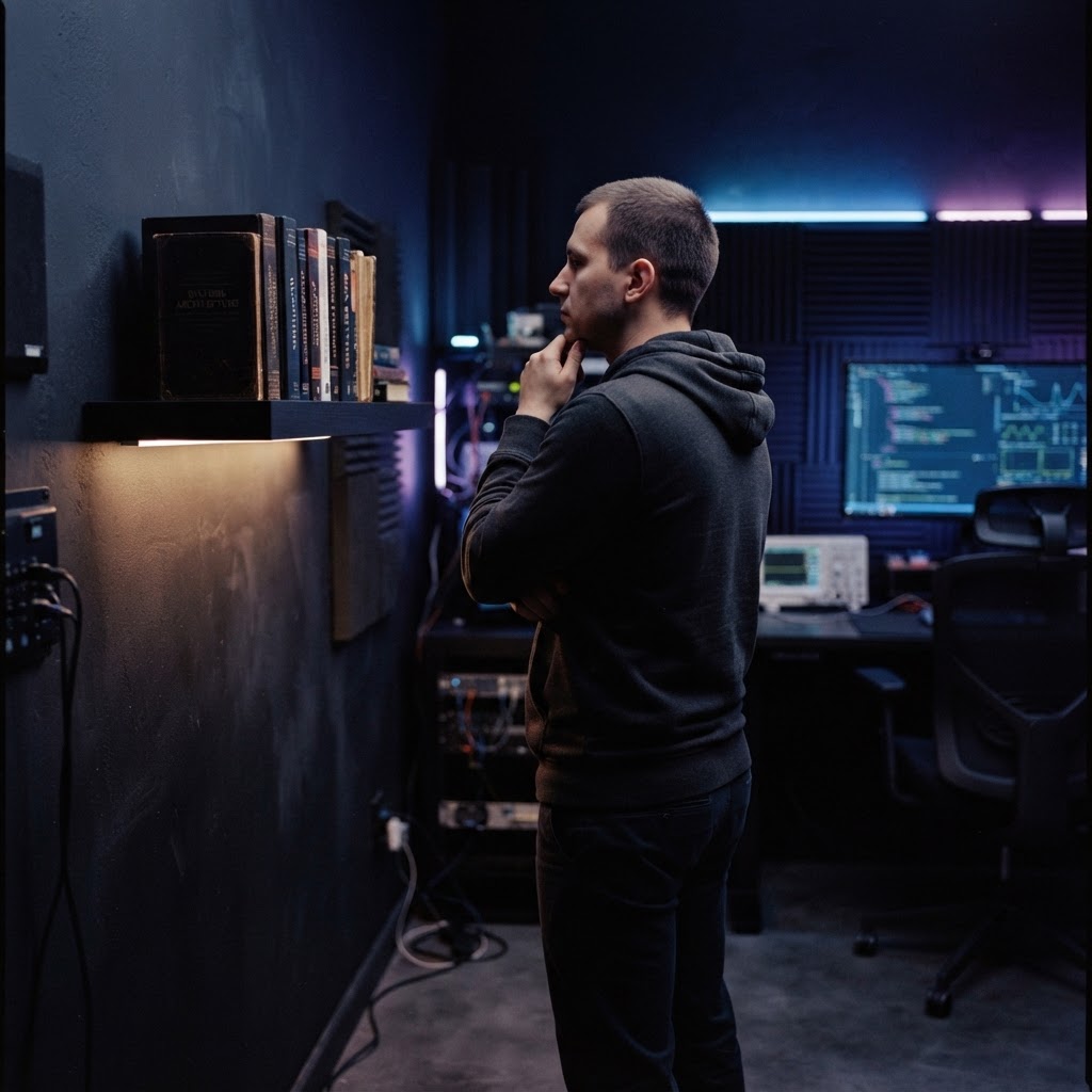 Developer standing at a shelf of technical books