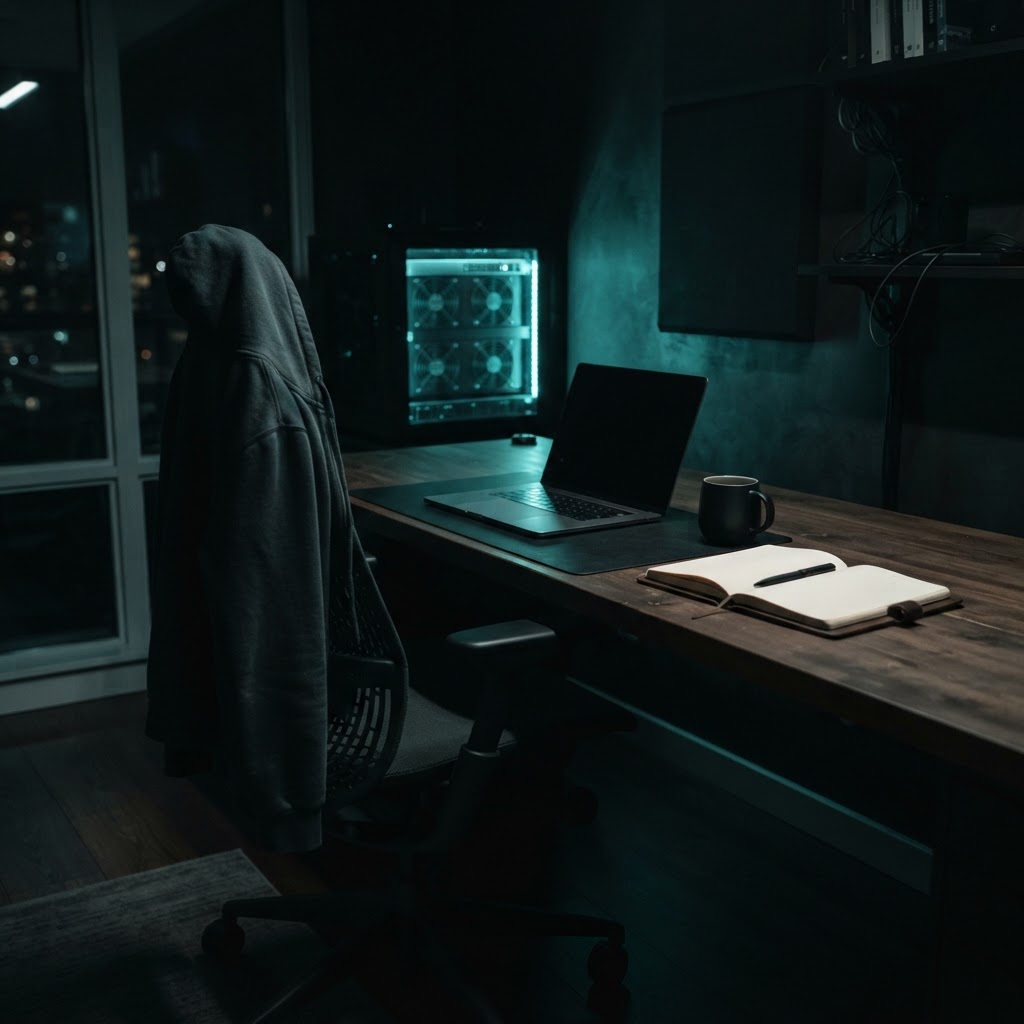 A quiet engineering workstation at night