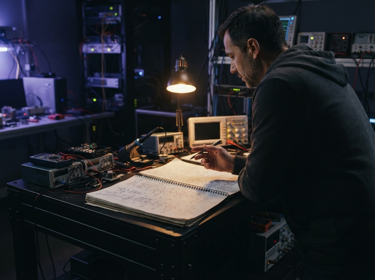 A senior developer reviewing architectural sketches in a dark studio