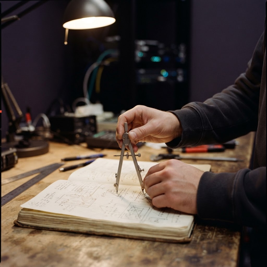 Close up of hands and tools on an engineering journal