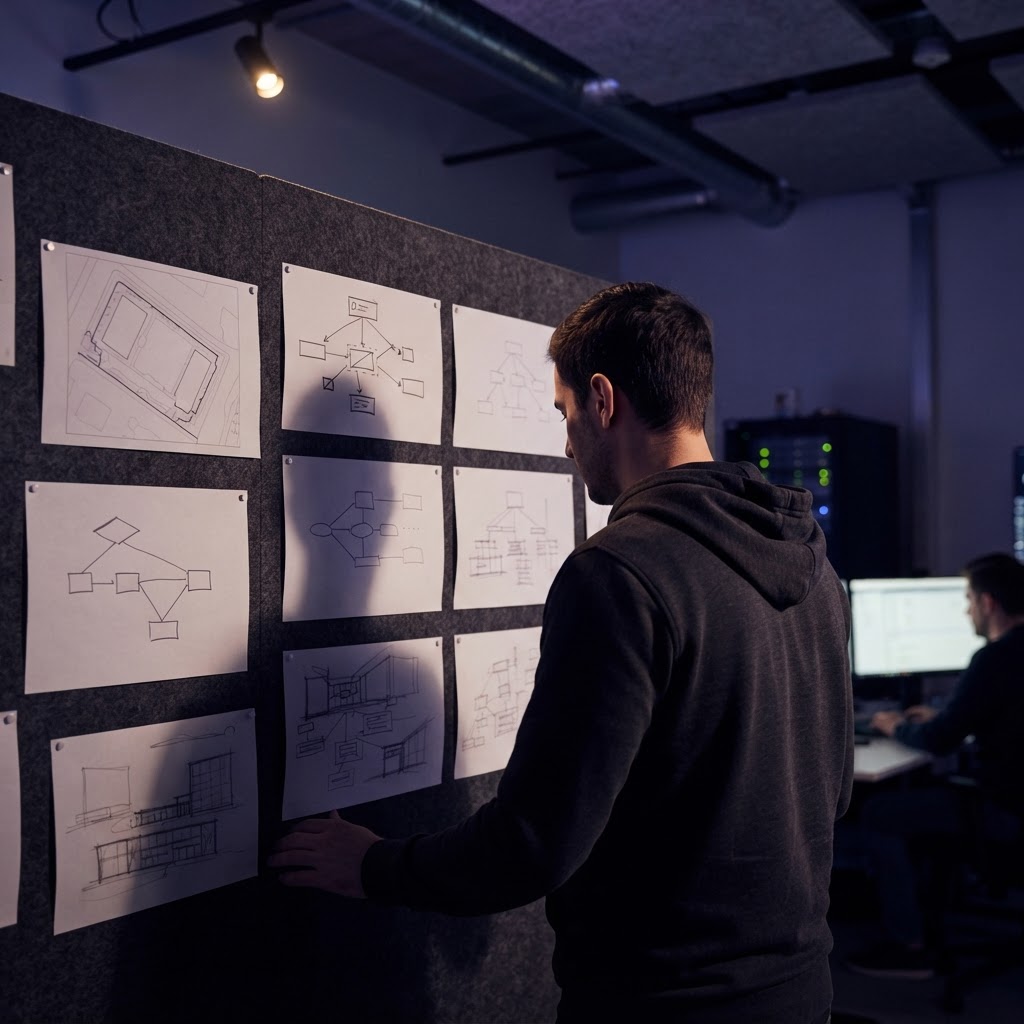 Developer standing before architectural sketches on an acoustic panel