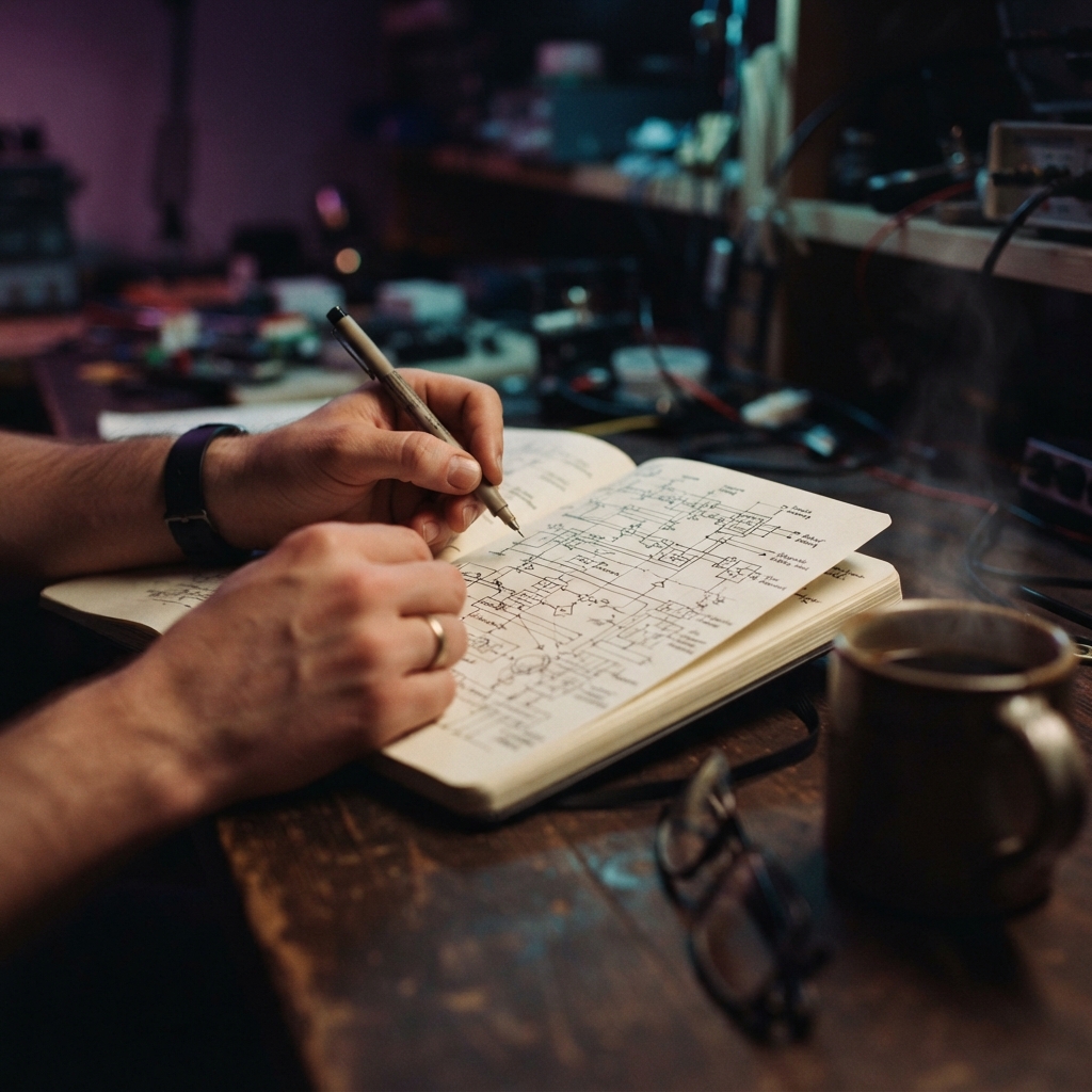 Close up of an engineer sketching system designs in a notebook