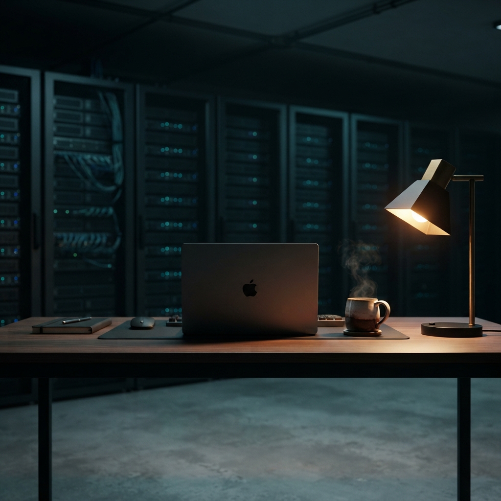 Clean engineering workspace at night with subtle server lighting