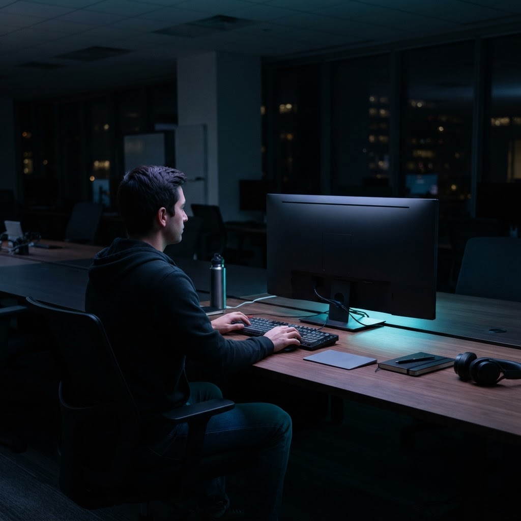 Developer working at a dim late night desk setup