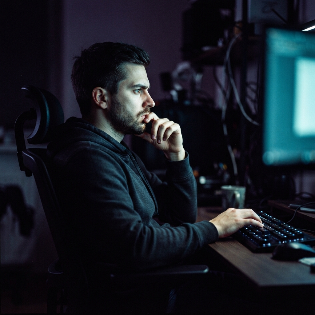 A developer looking frustrated while working at their desk