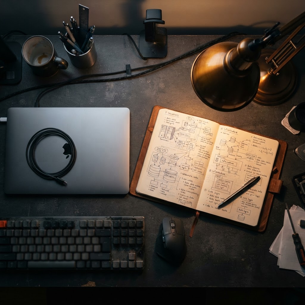 An open notebook with handwritten engineering sketches on a dark desk