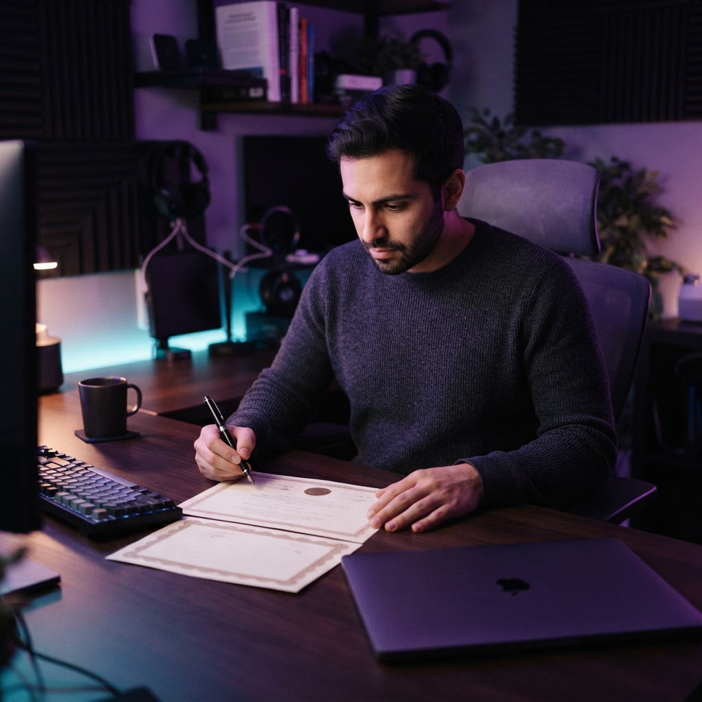 Developer reviewing career certification documents in a moody office