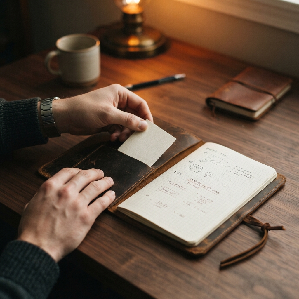 Hands placing a professional development voucher in an engineering notebook
