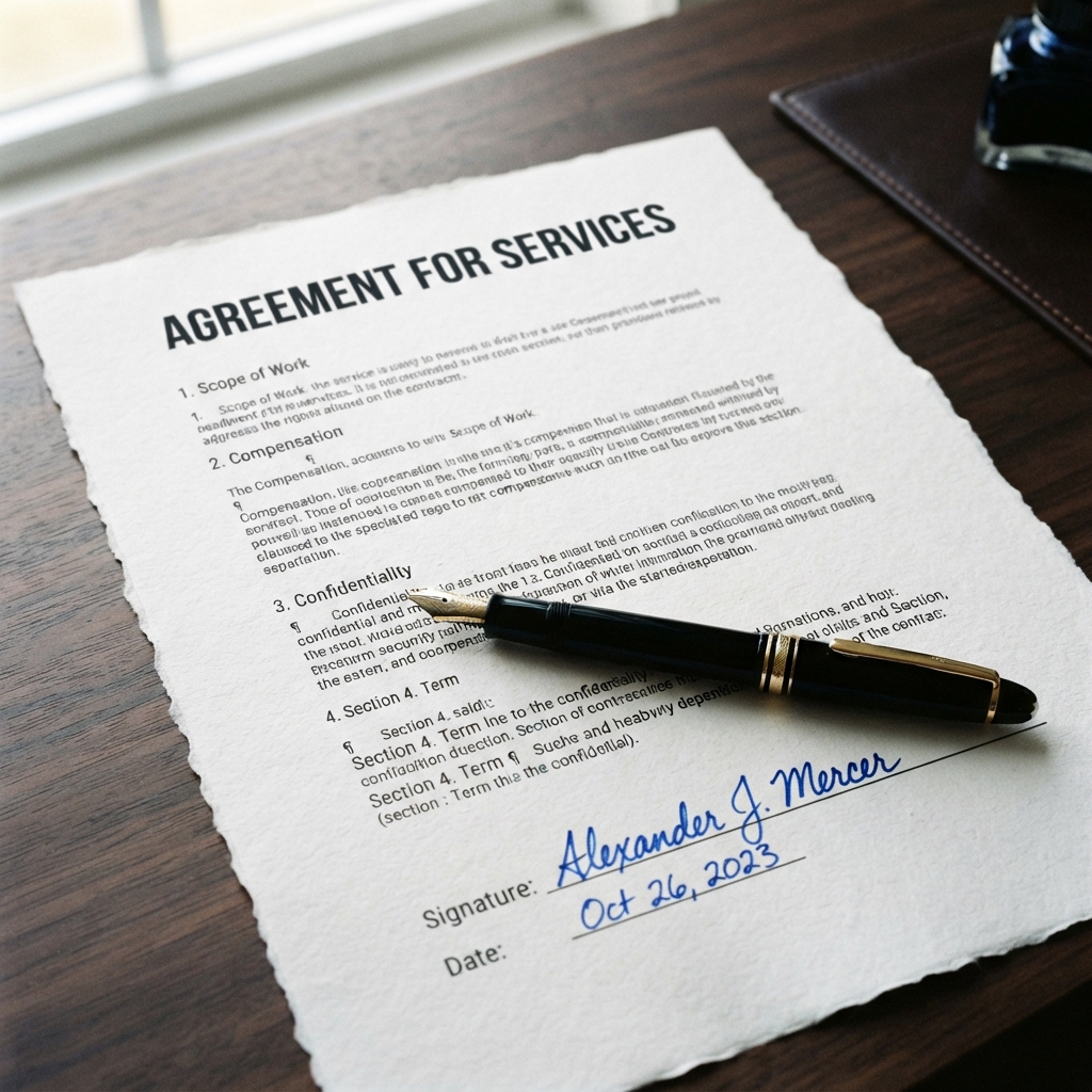 Fountain pen resting on a signed professional agreement