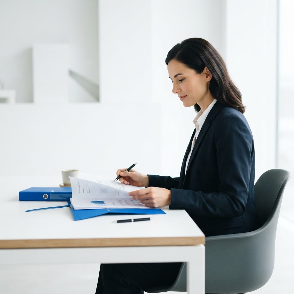 Professional executive reviewing a document in a clean office