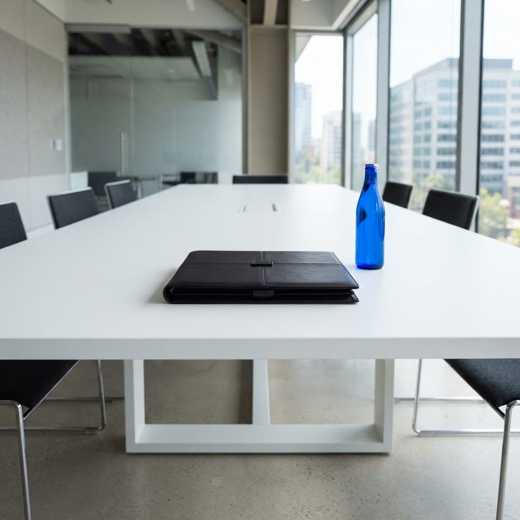 A minimalist conference table with a dark portfolio and blue bottle