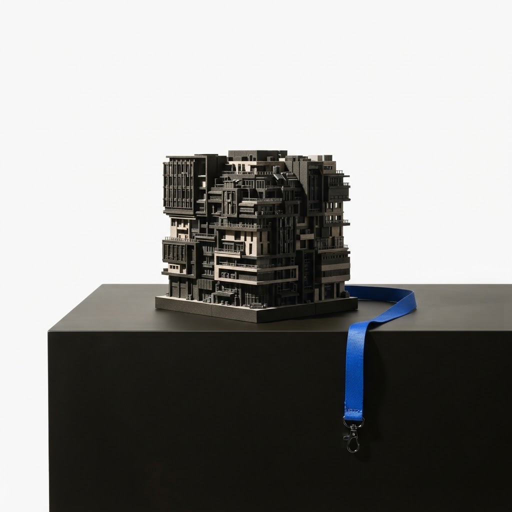 A single structural block on a minimalist desk with a blue lanyard