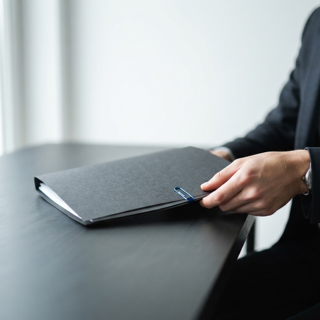 Hands adjusting a folder on a dark desk with a blue paperclip