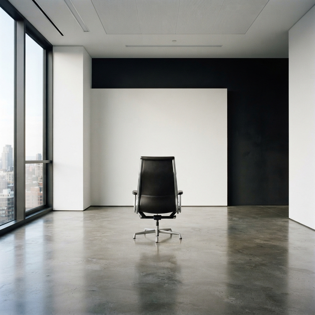 Minimalist office interior with a near-black wall