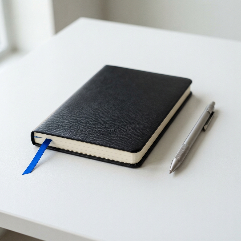 Professional notebook and pen on a clean white desk