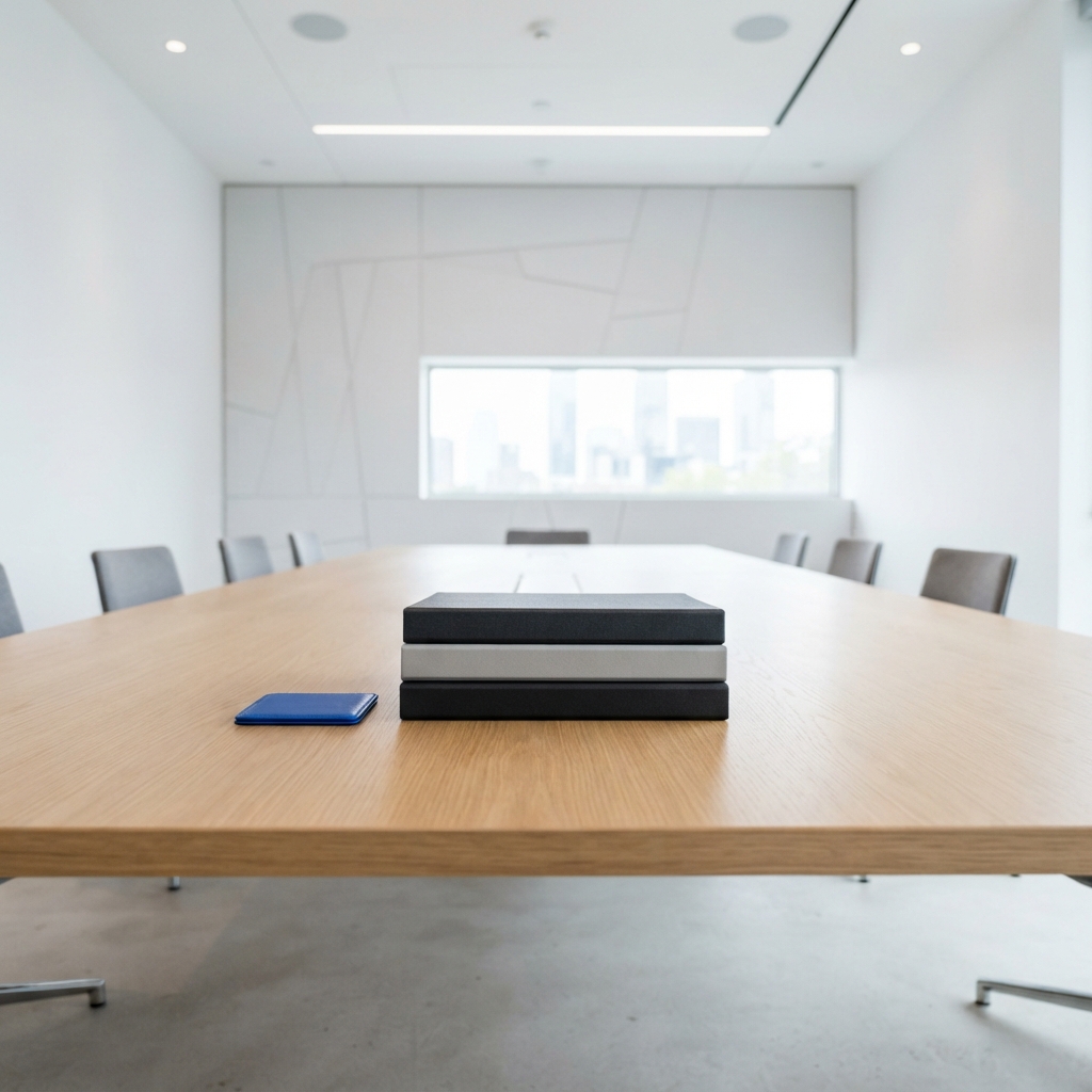 Minimalist boardroom meeting table with organized binders