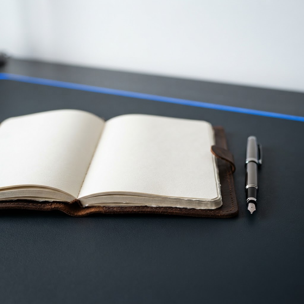 Professional notebook and pen on a dark desk