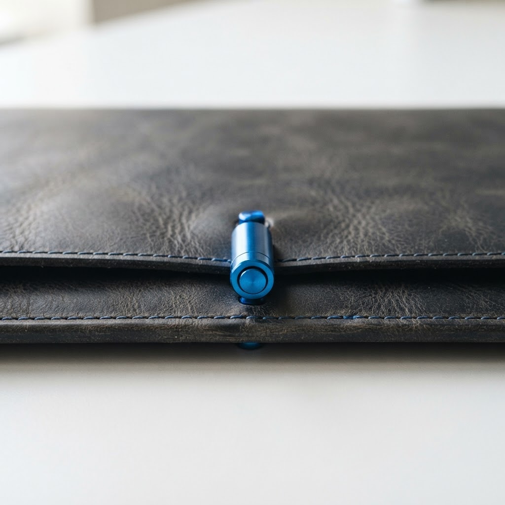Close up of professional leather folder on white desk