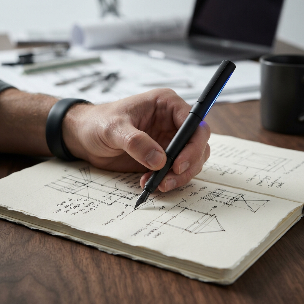 Professional hand with premium pen on clean paper