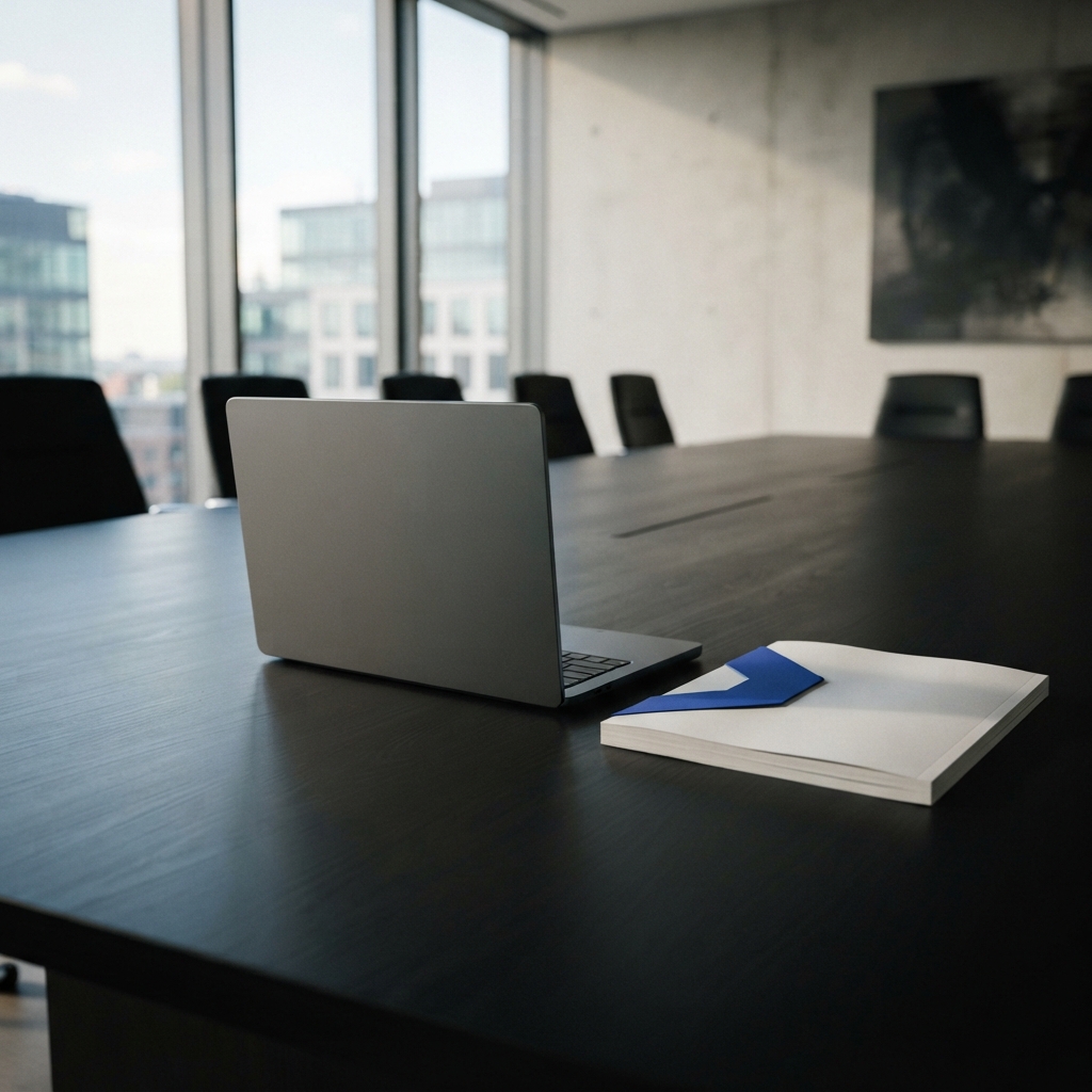 Strategic planning materials on a dark boardroom table