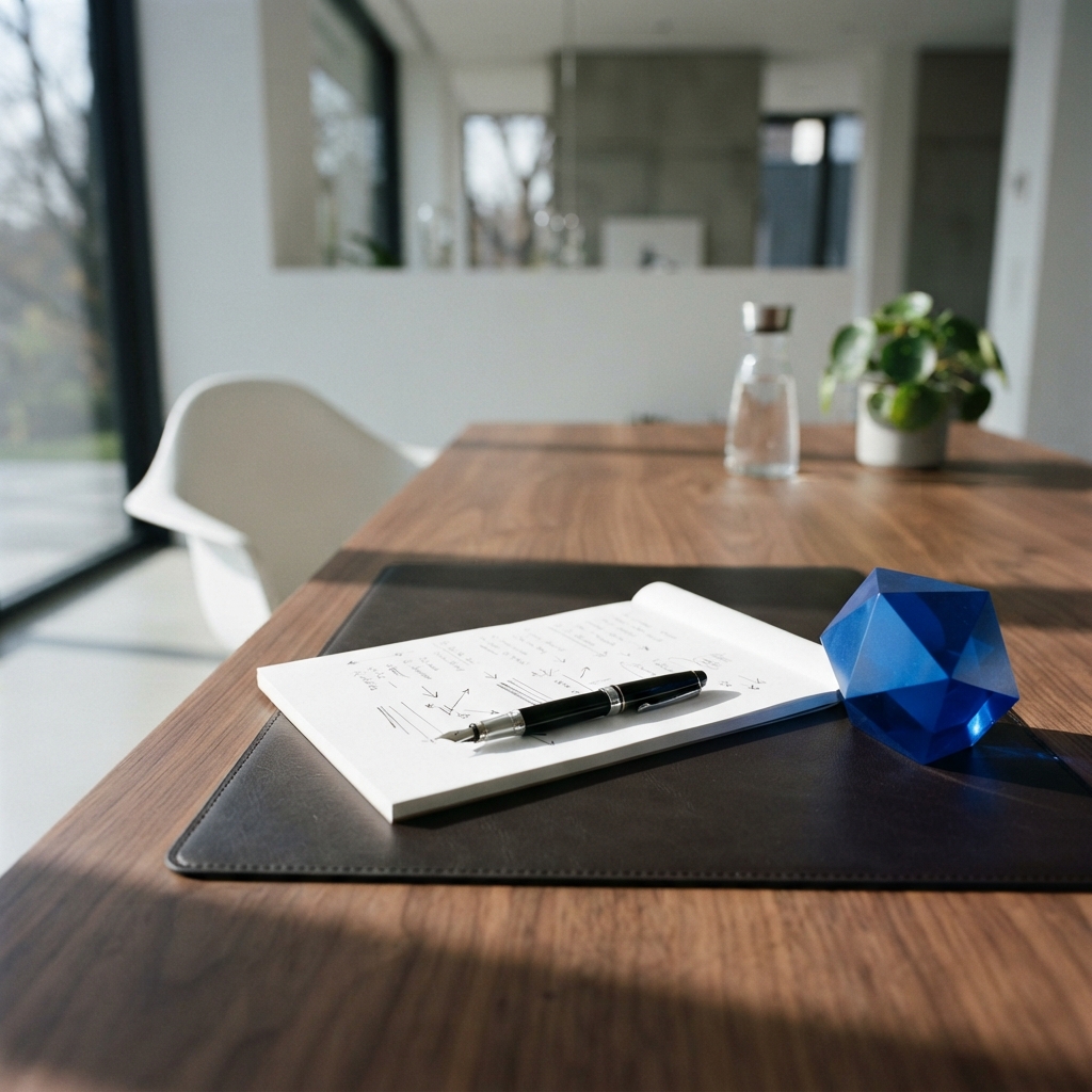 Clean minimalist office workspace with paper and pen