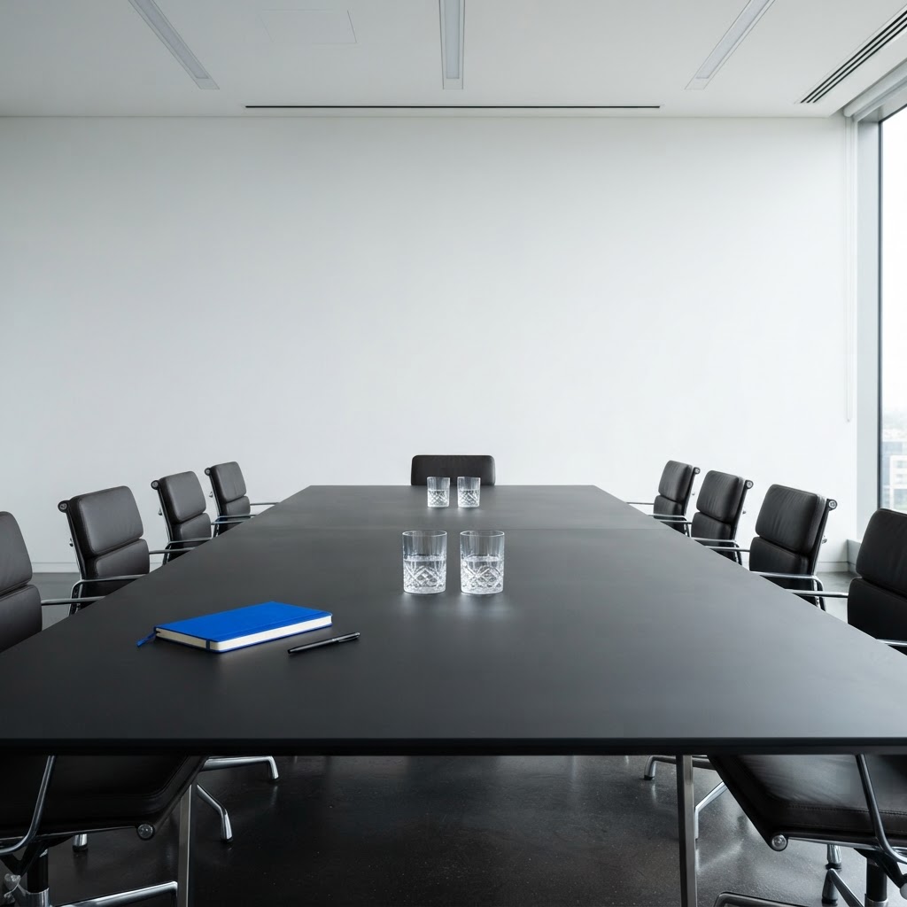 Empty modern boardroom table with blue notebook