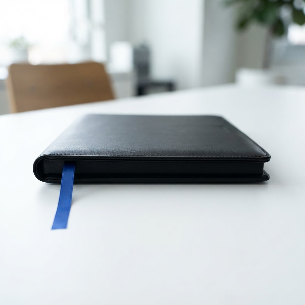 Black leather portfolio with blue bookmark on white desk