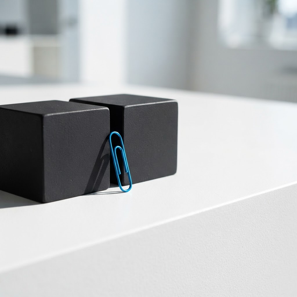 Geometric black weights and blue paperclip on white surface