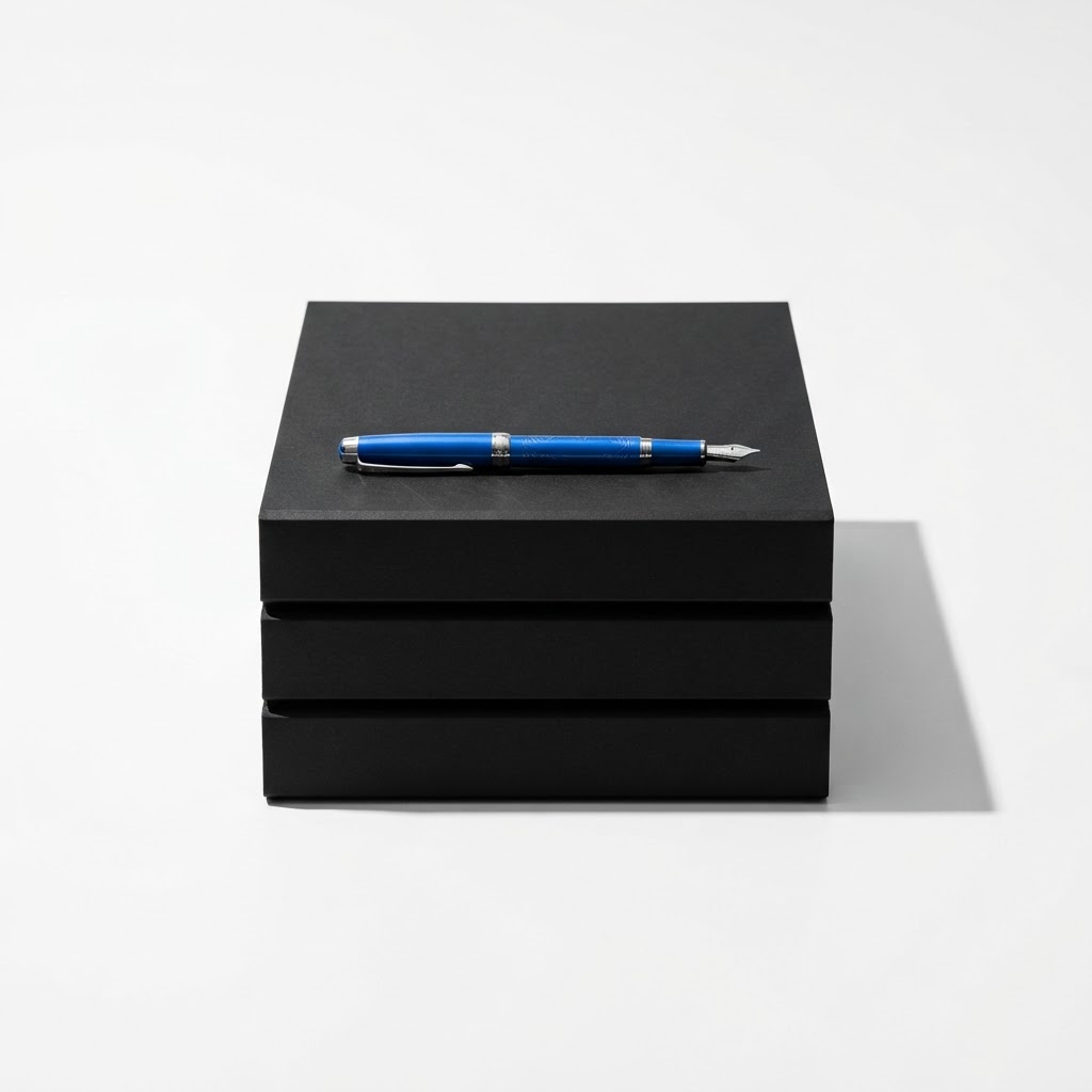 Three black folders stacked with a blue pen