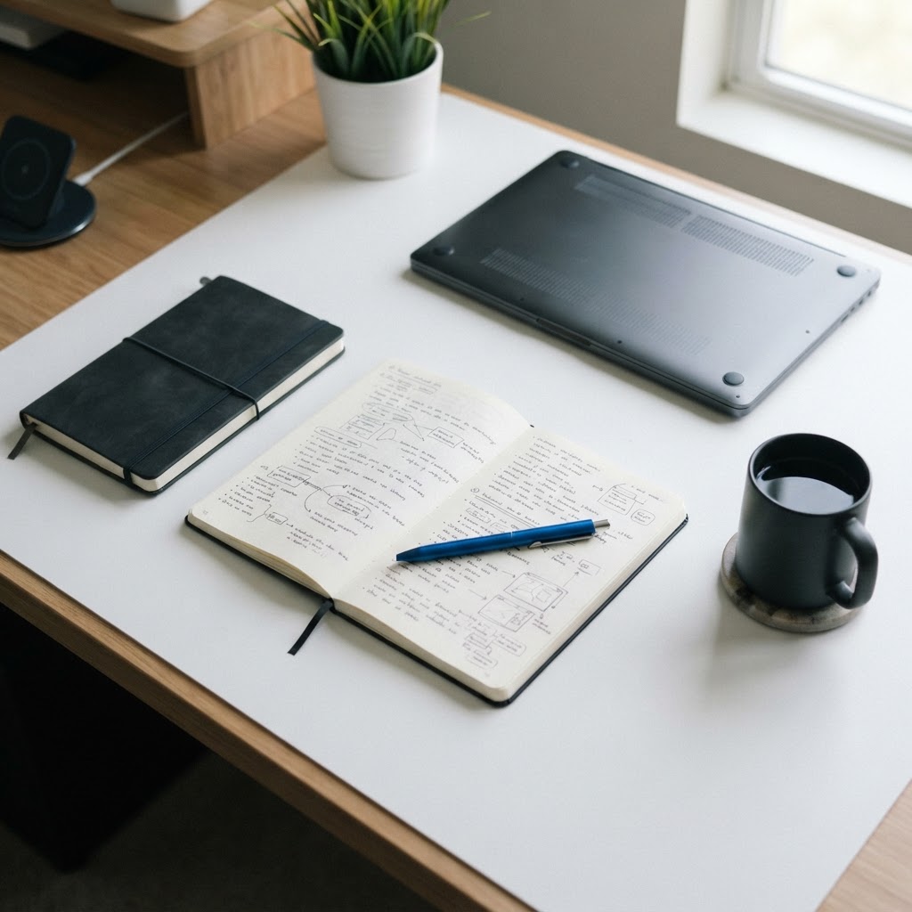 Clean professional workstation with notebook and planning materials