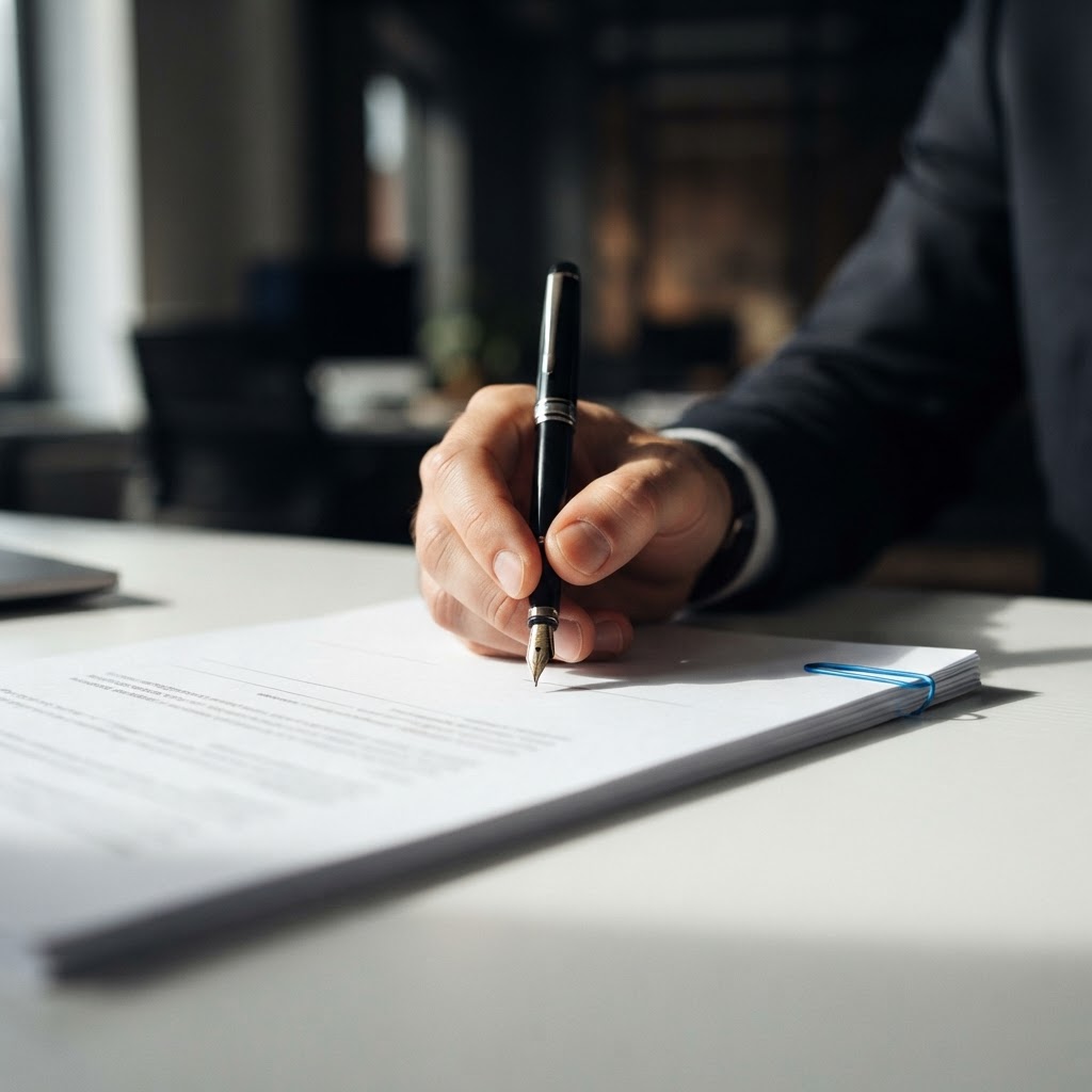 Professional signing a service contract at a clean desk
