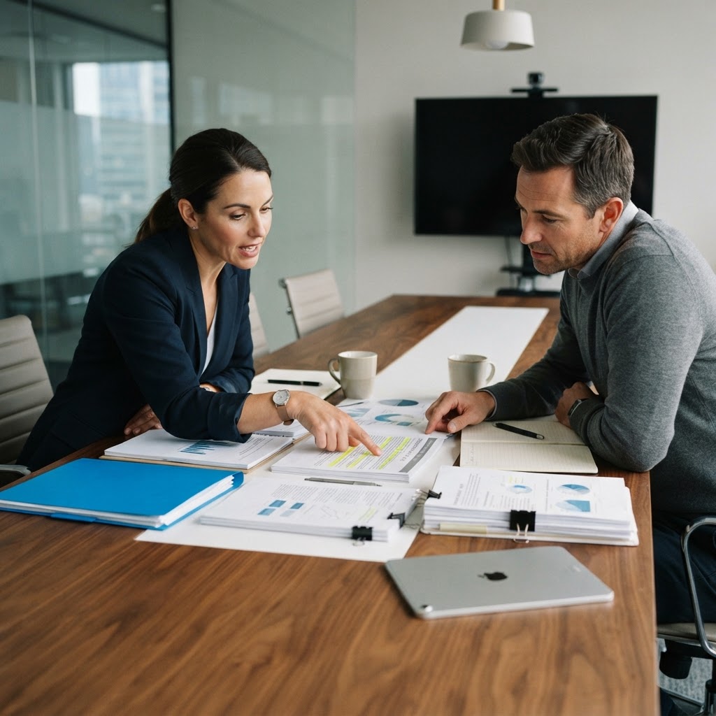 Two professionals collaborating on strategy in a boardroom