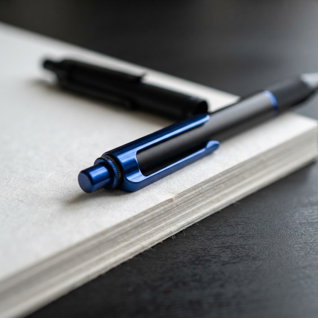 Close up of pens on paper with blue accent