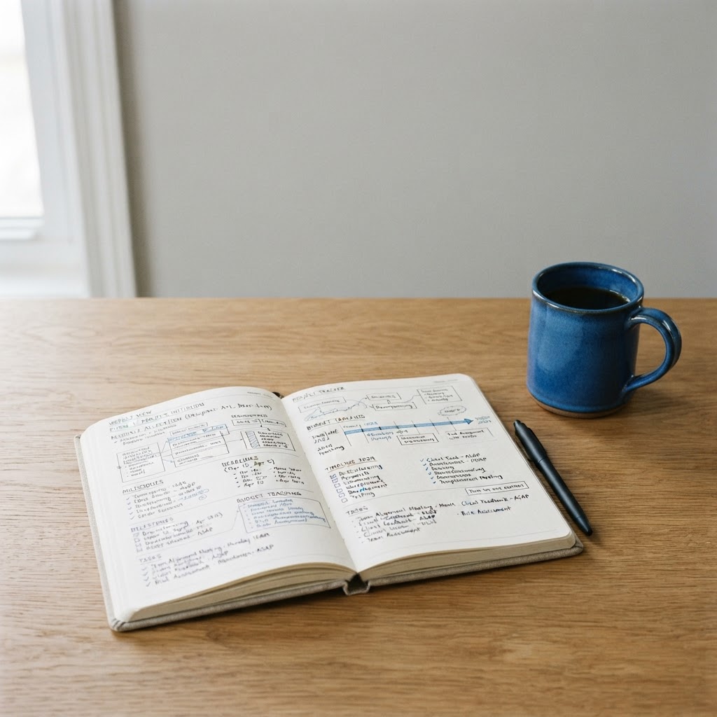 Open planner on a desk with a blue mug
