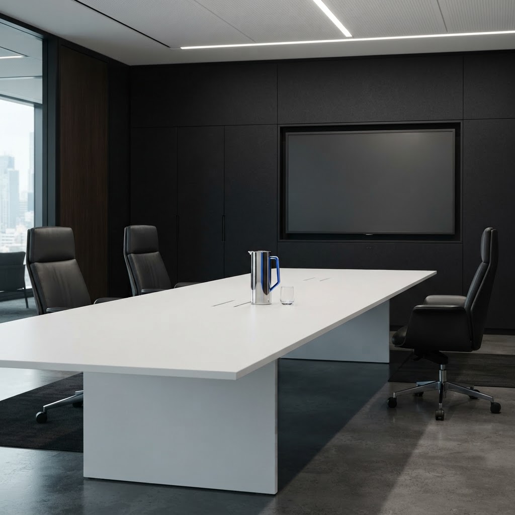 A minimalist meeting room with a blue-accented carafe